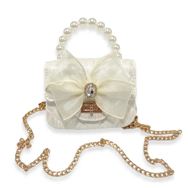 White Bowtie Shiny Quilted Purse