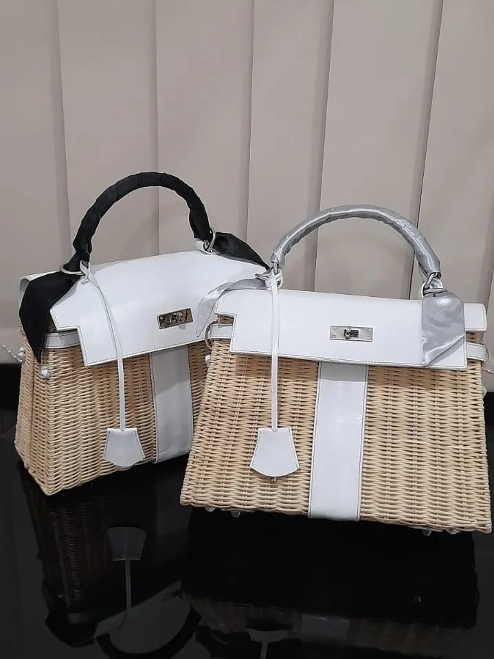 White genuine leather - Handmade wicker bag, Medium size (31cm)