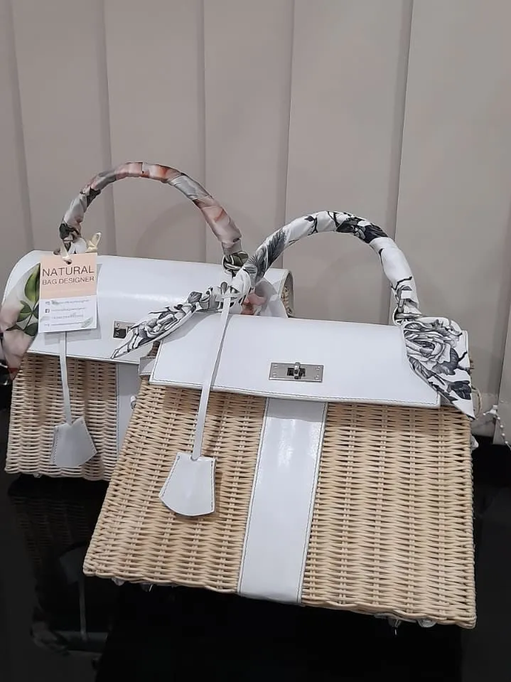 White genuine leather - Handmade wicker bag, Medium size (31cm)