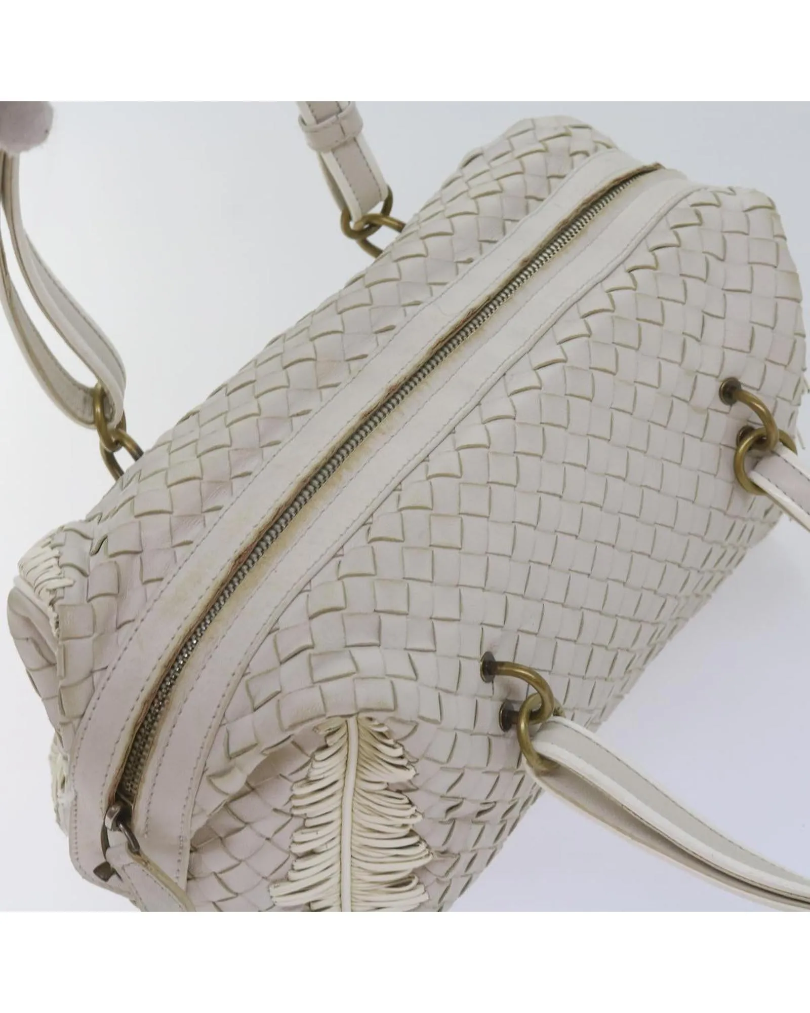 White Leather Intrecciato Shoulder Bag - Italian Made