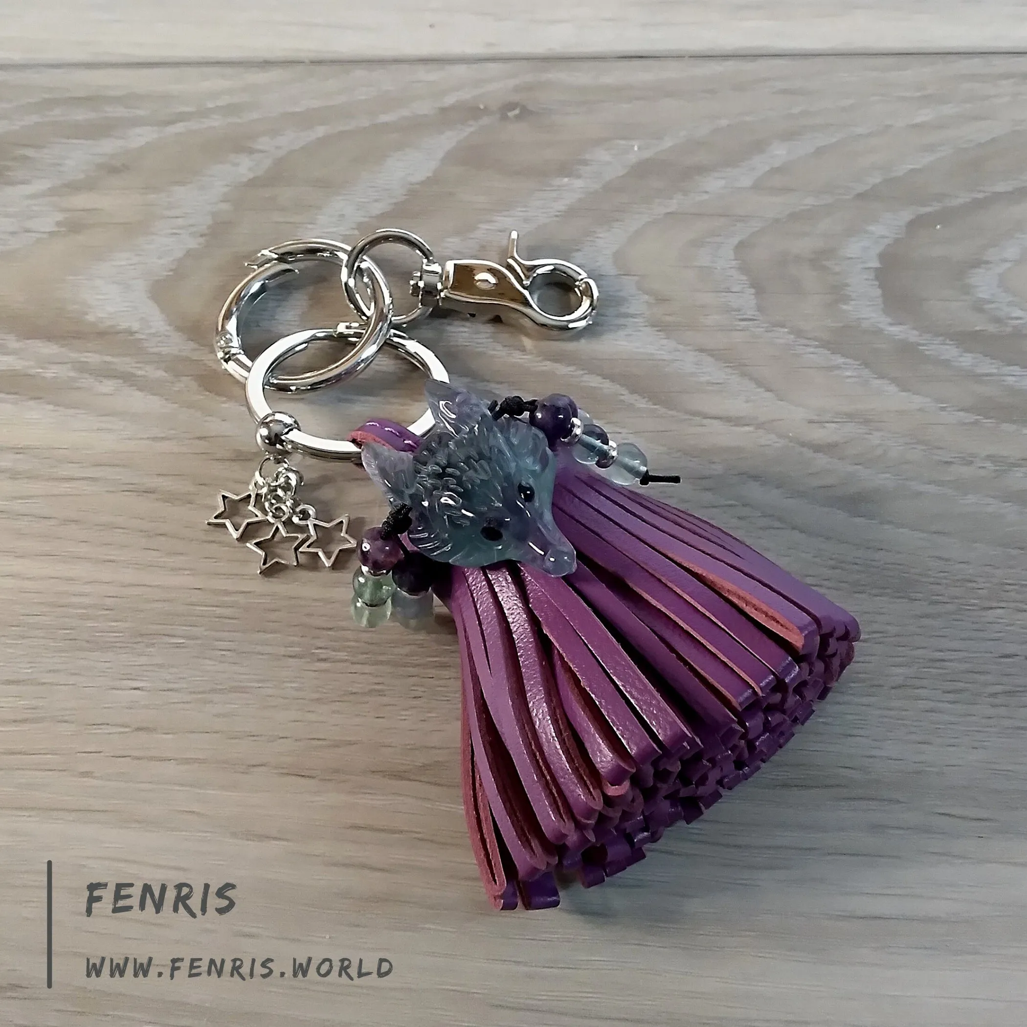 Wolf Keychain Leather Tassel Purple Fluorite Handmade