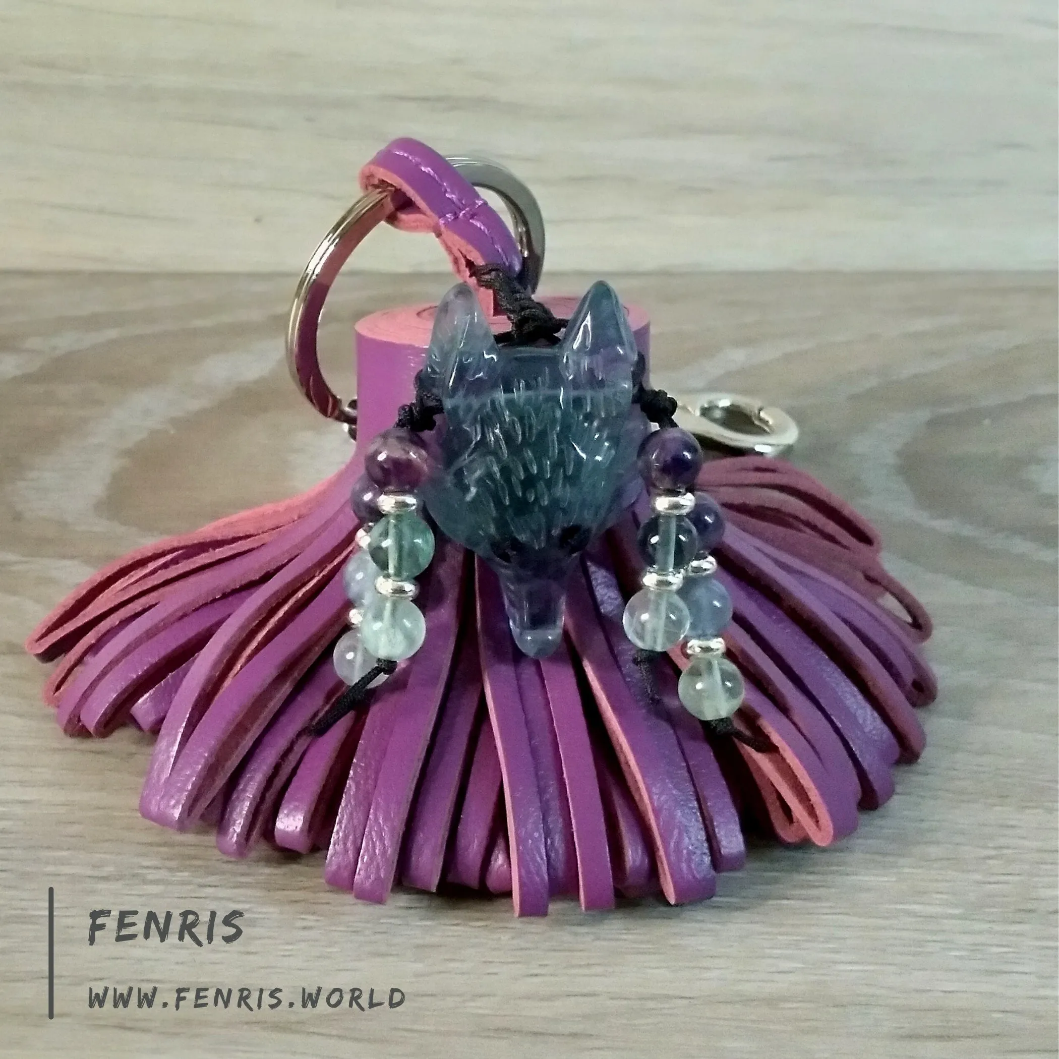 Wolf Keychain Leather Tassel Purple Fluorite Handmade