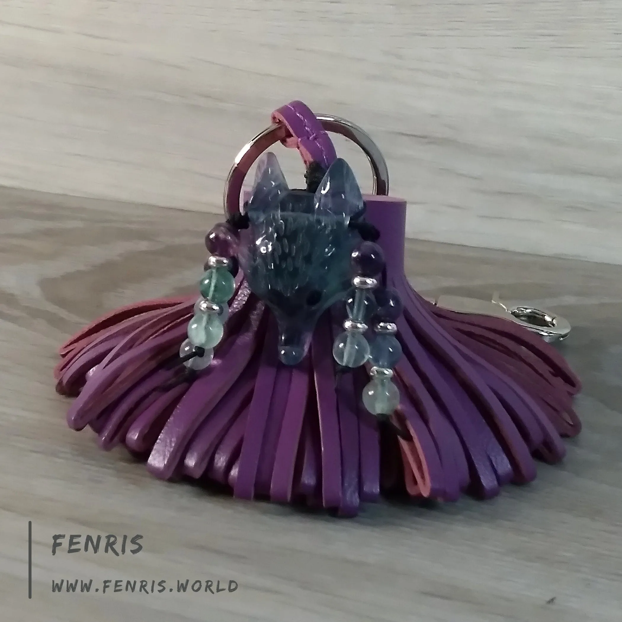 Wolf Keychain Leather Tassel Purple Fluorite Handmade