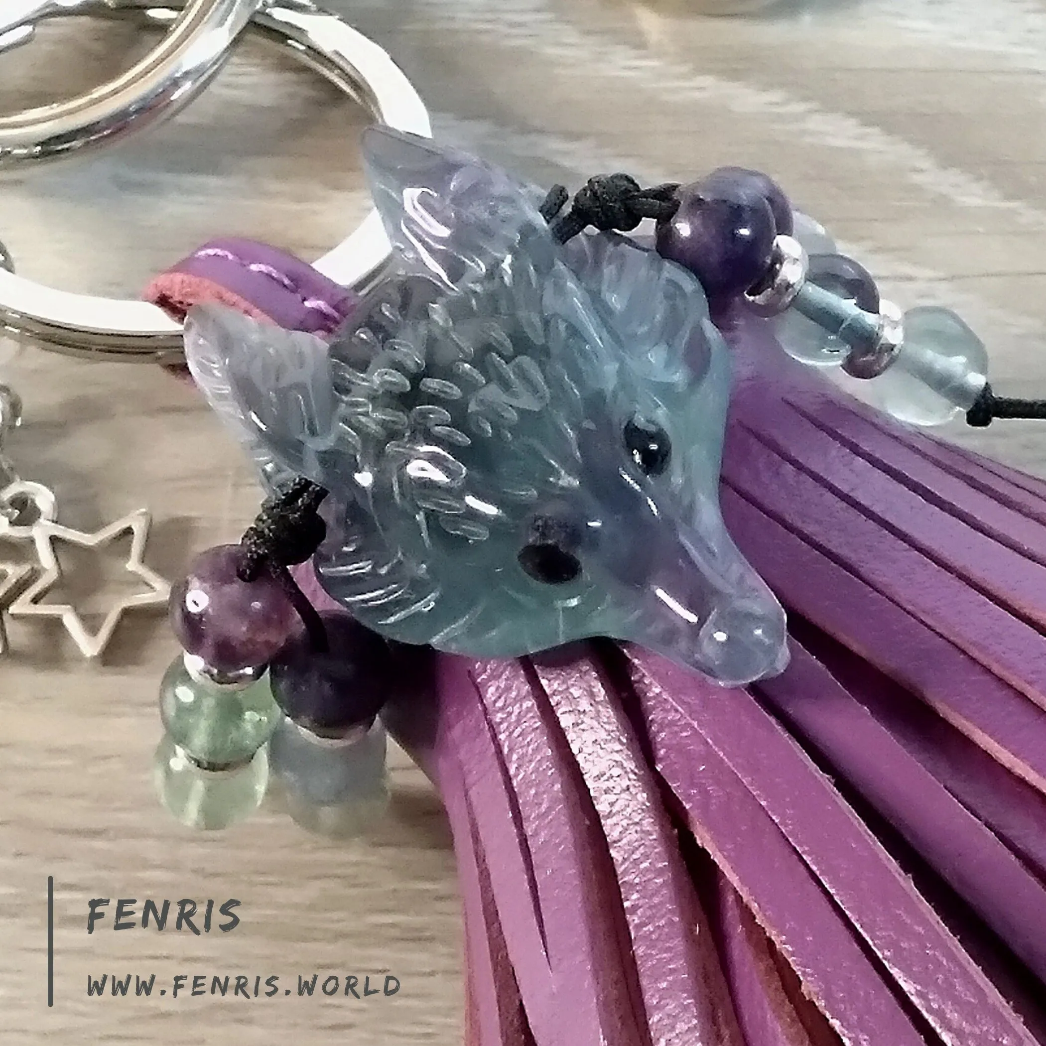 Wolf Keychain Leather Tassel Purple Fluorite Handmade