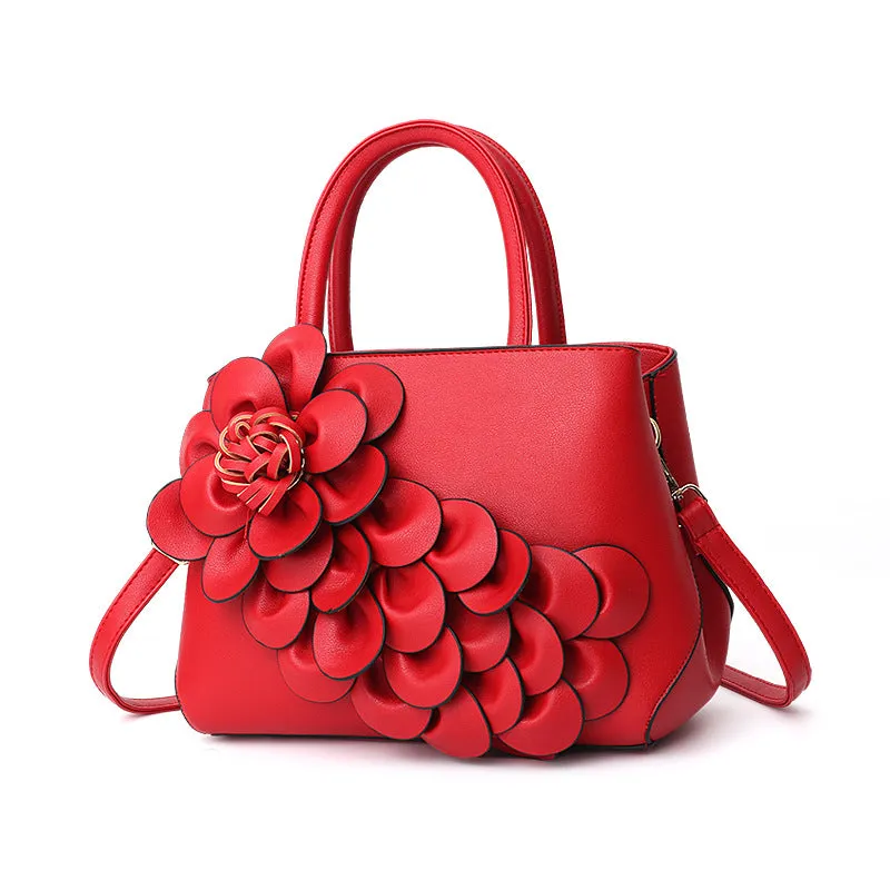 Women's bag new college style women's bag PU leather flower handheld shoulder bag cute bag