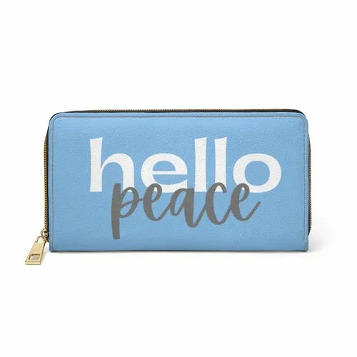 Wristlet Phone Wallet, Light Blue and White Hello Peace Graphic Purse