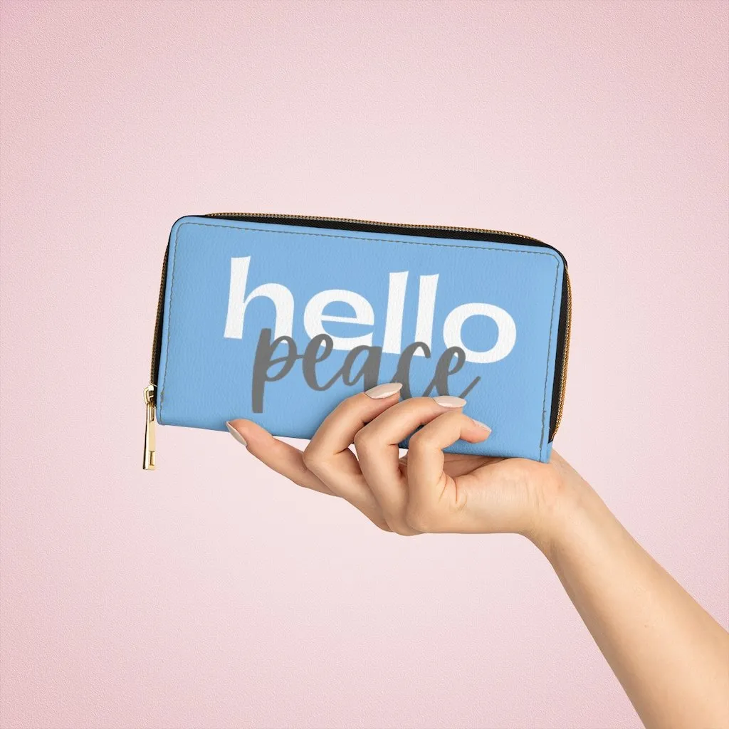 Wristlet Phone Wallet, Light Blue and White Hello Peace Graphic Purse