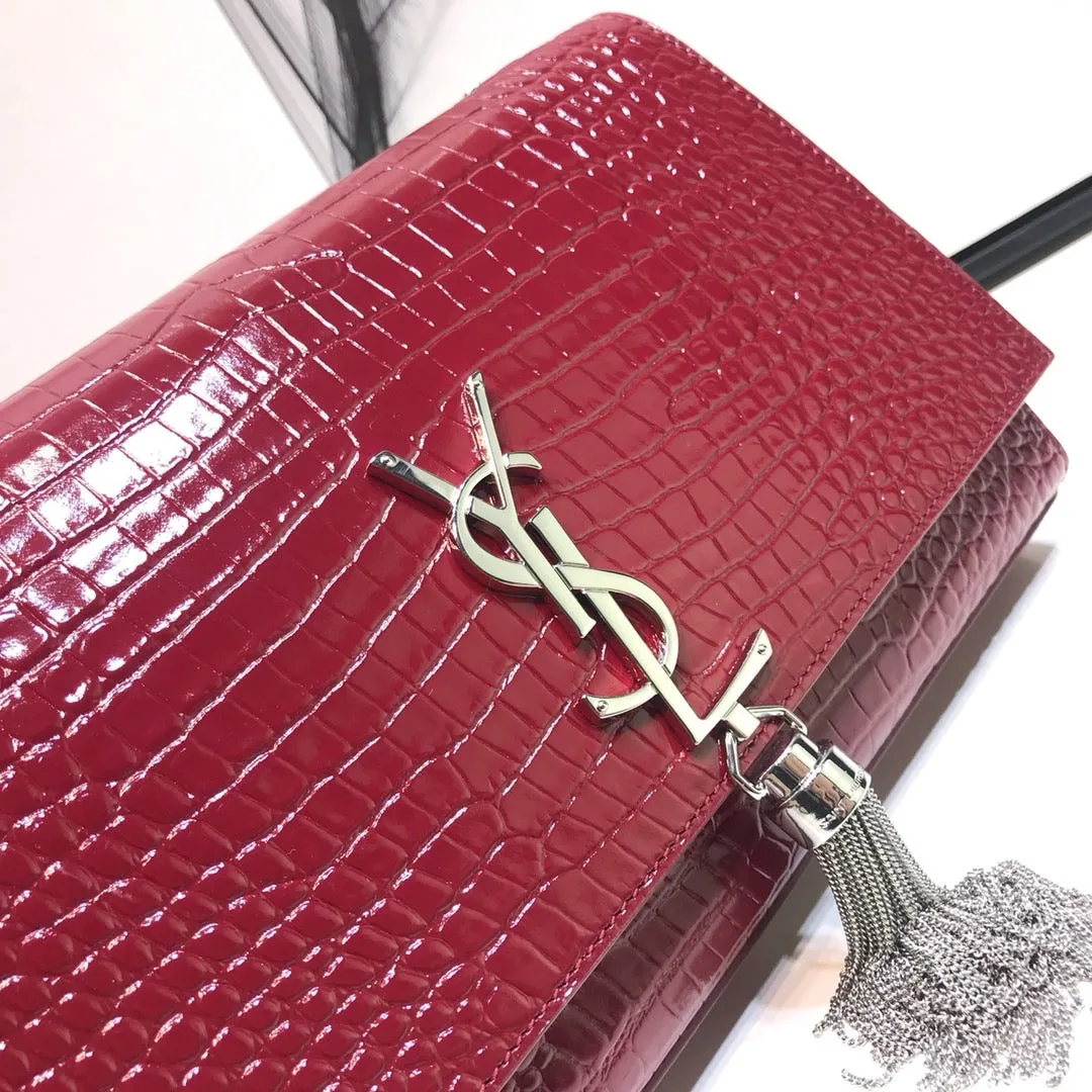 YSSL Kate Medium Chain Bag With Tassel In Embossed Crocodile Burgundy For Women 9.4in/24cm YSL